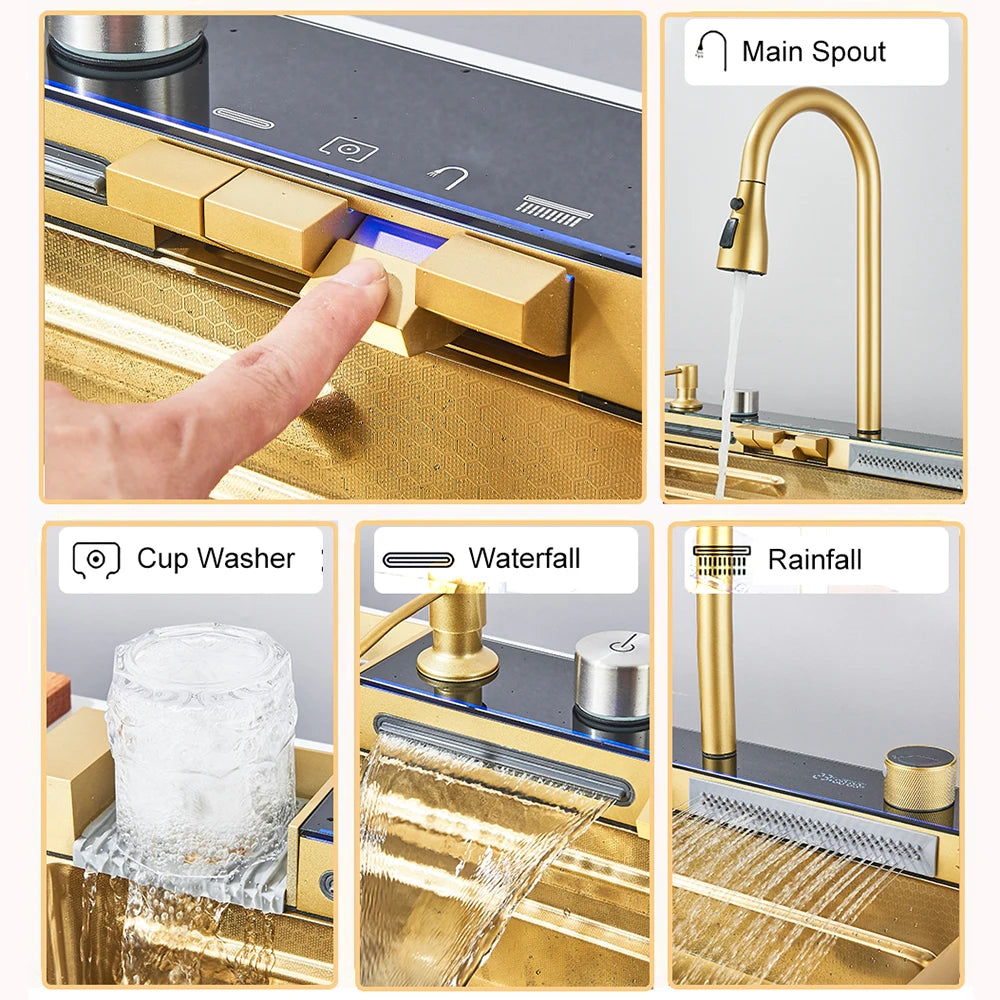 Multifunctional Kitchen Waterfall Sink Digital Display Stainless Steel