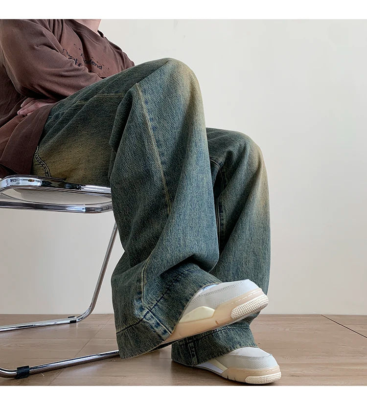Distressed Vintage Blue Jeans Pants Men Wide-leg