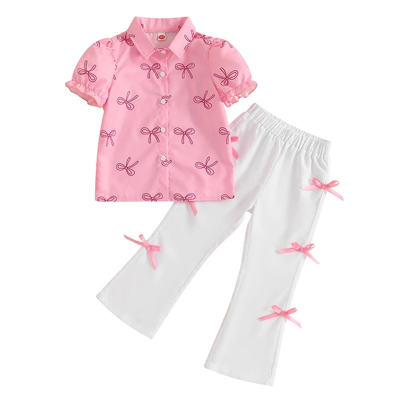 Adorable Bow Print Shirt and Elastic Flare Pants
