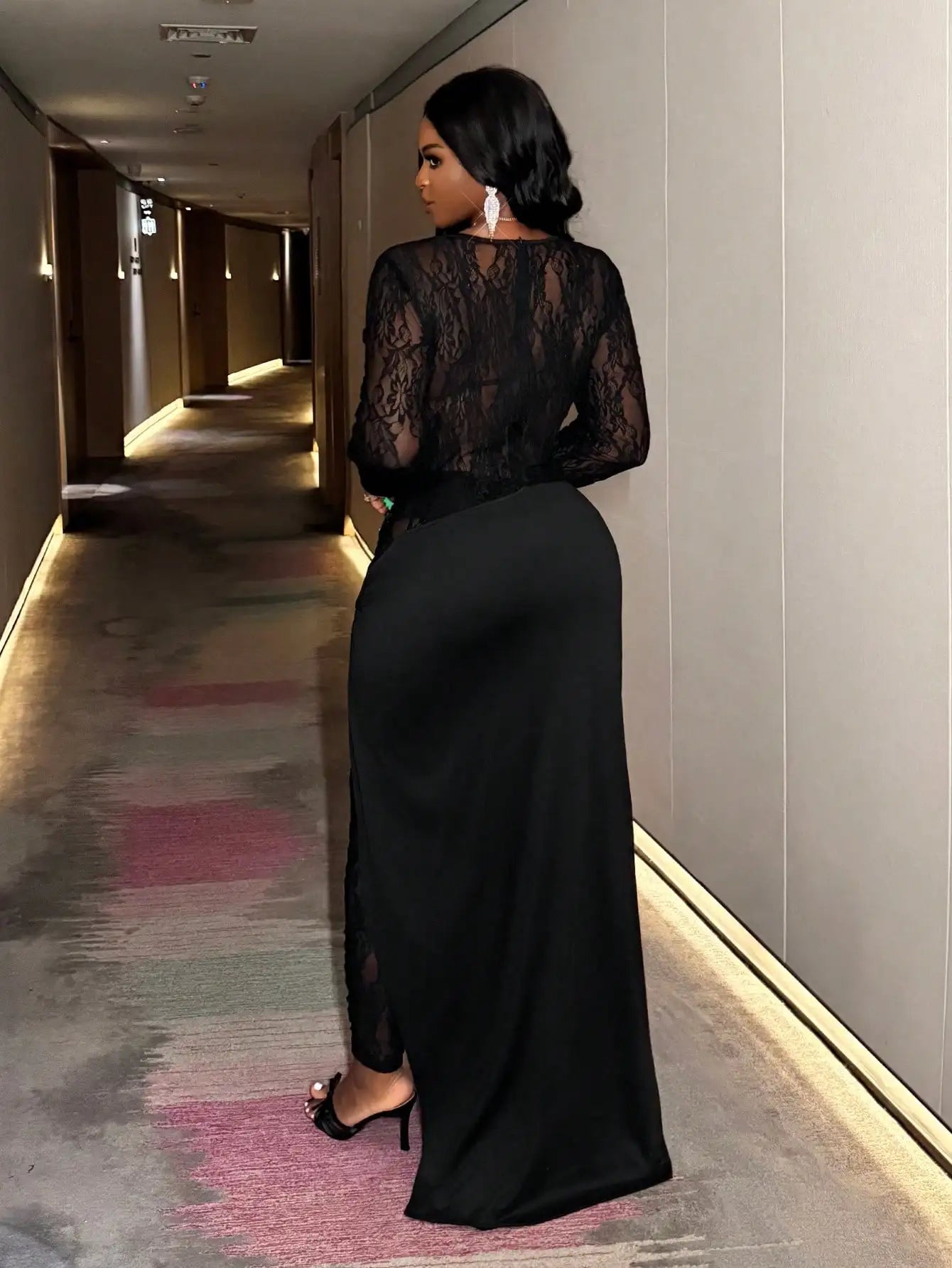 Black Sheer Lace Long Sleeve Maxi Jumpsuit