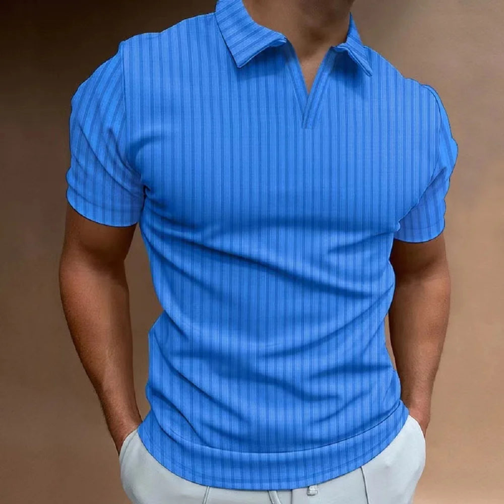 Solid Color Polo Shirt V-neck Striped Breathable
