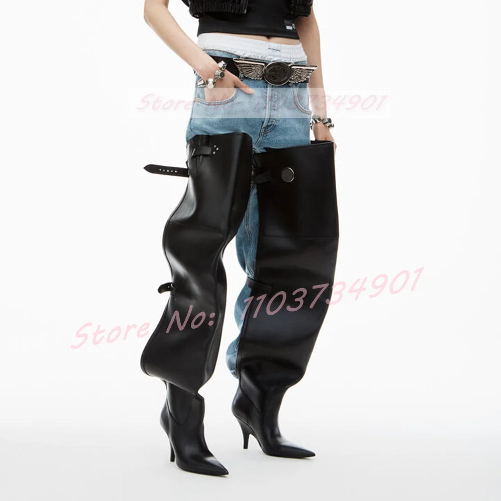 Back Hollow Belt Buckle Crotch Boots