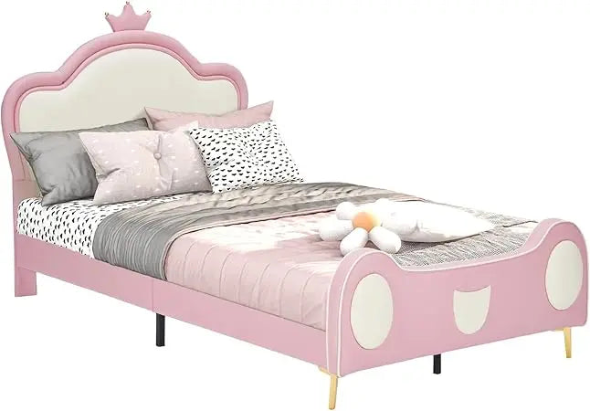 Twin Size Race Car Shaped Platform Bed Frame with Headboard Wheels
