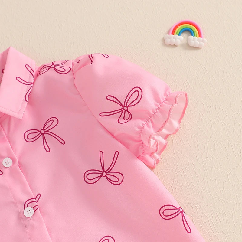 Adorable Bow Print Shirt and Elastic Flare Pants
