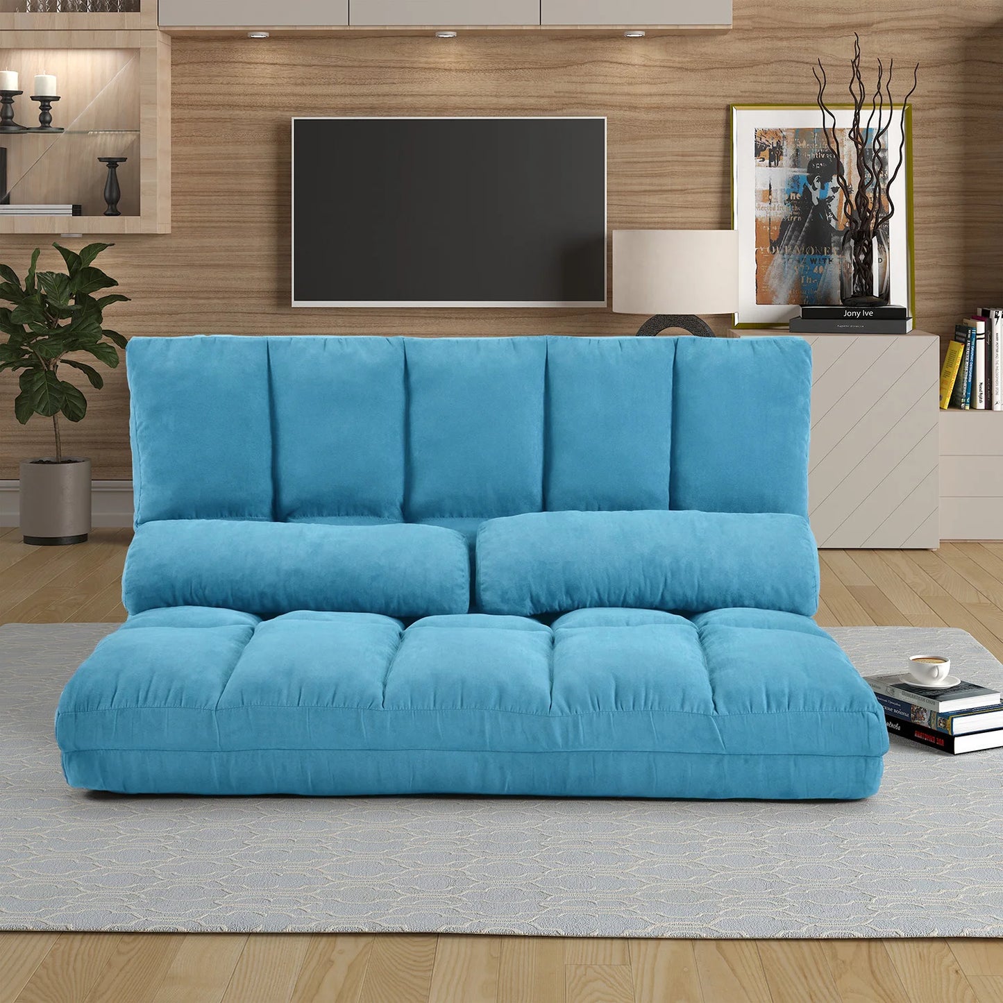Double Chaise Lounge Sofa with Two Pillows (Blue)