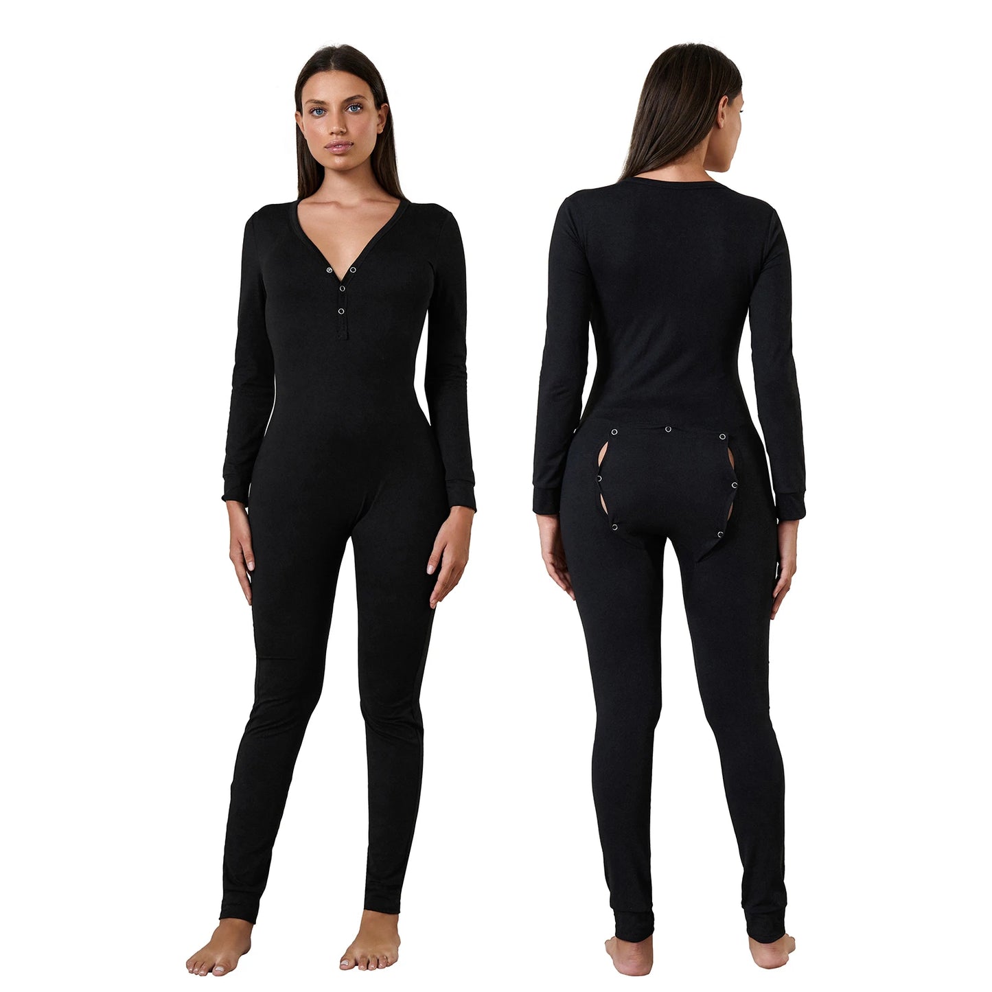Women's V Neck One Piece Buttoned Flap Pjs