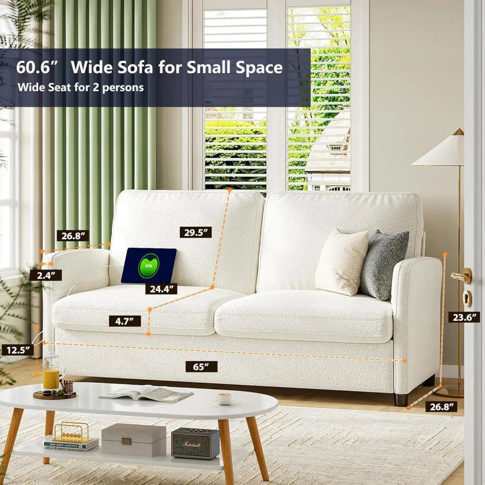 60" 2 Seater Velvet Love Seat for Dorm, 2 USB, LED