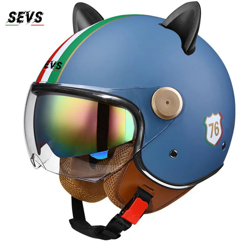 Vintage Cat Ear Motorcycle Helmet Retro Dual Visor