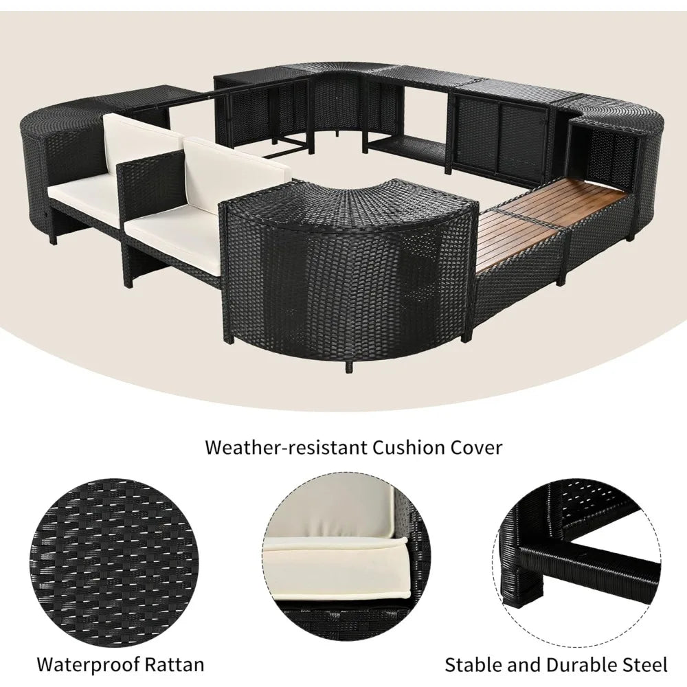 Spa Surround Outdoor Rattan Sofa Set with Wooden Seats