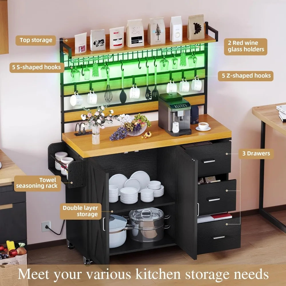 Farmhouse Coffee Bar Cabinet with Power Outlet and LED, 53 Inch