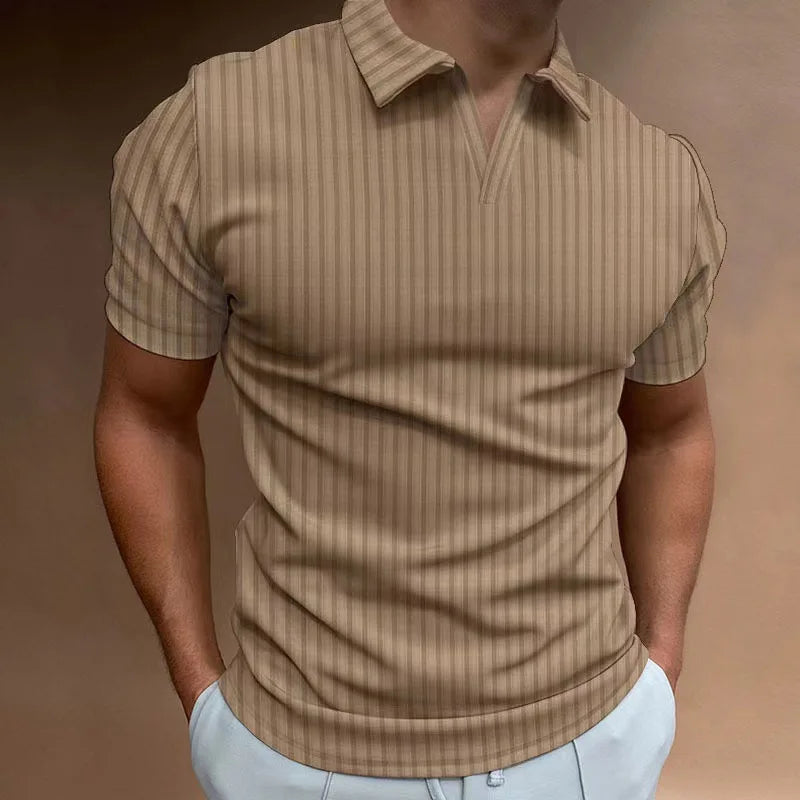 Solid Color Polo Shirt V-neck Striped Breathable