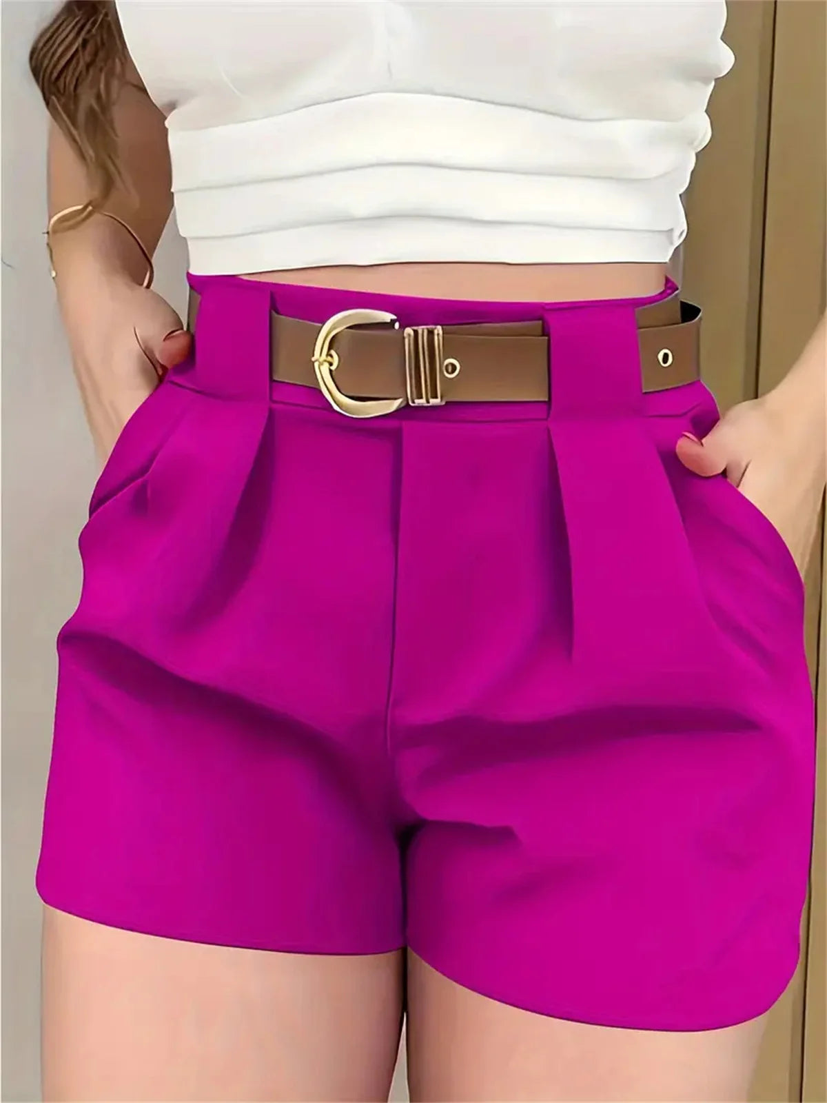 Womens High Waist Solid Color Belt Shorts