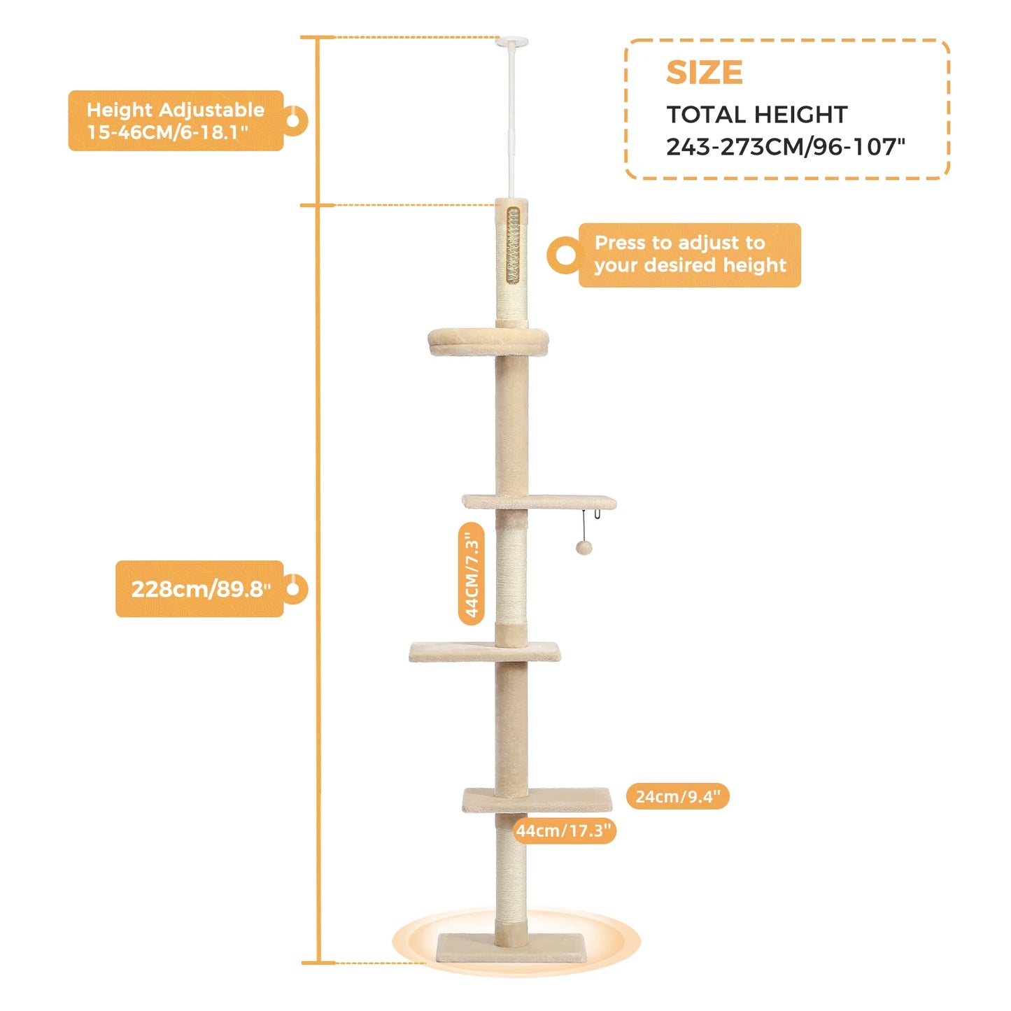 Adjustable Height Cat Tree Floor to Ceiling Tower