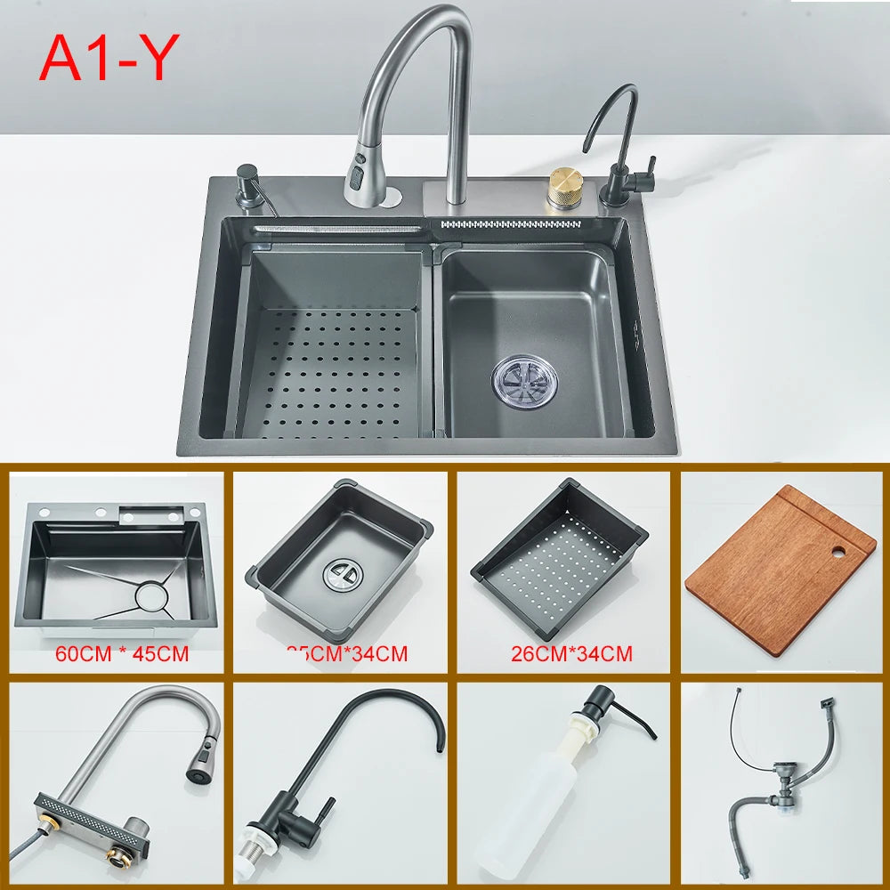 Multifunctional Kitchen Waterfall Sink Digital Display Stainless Steel