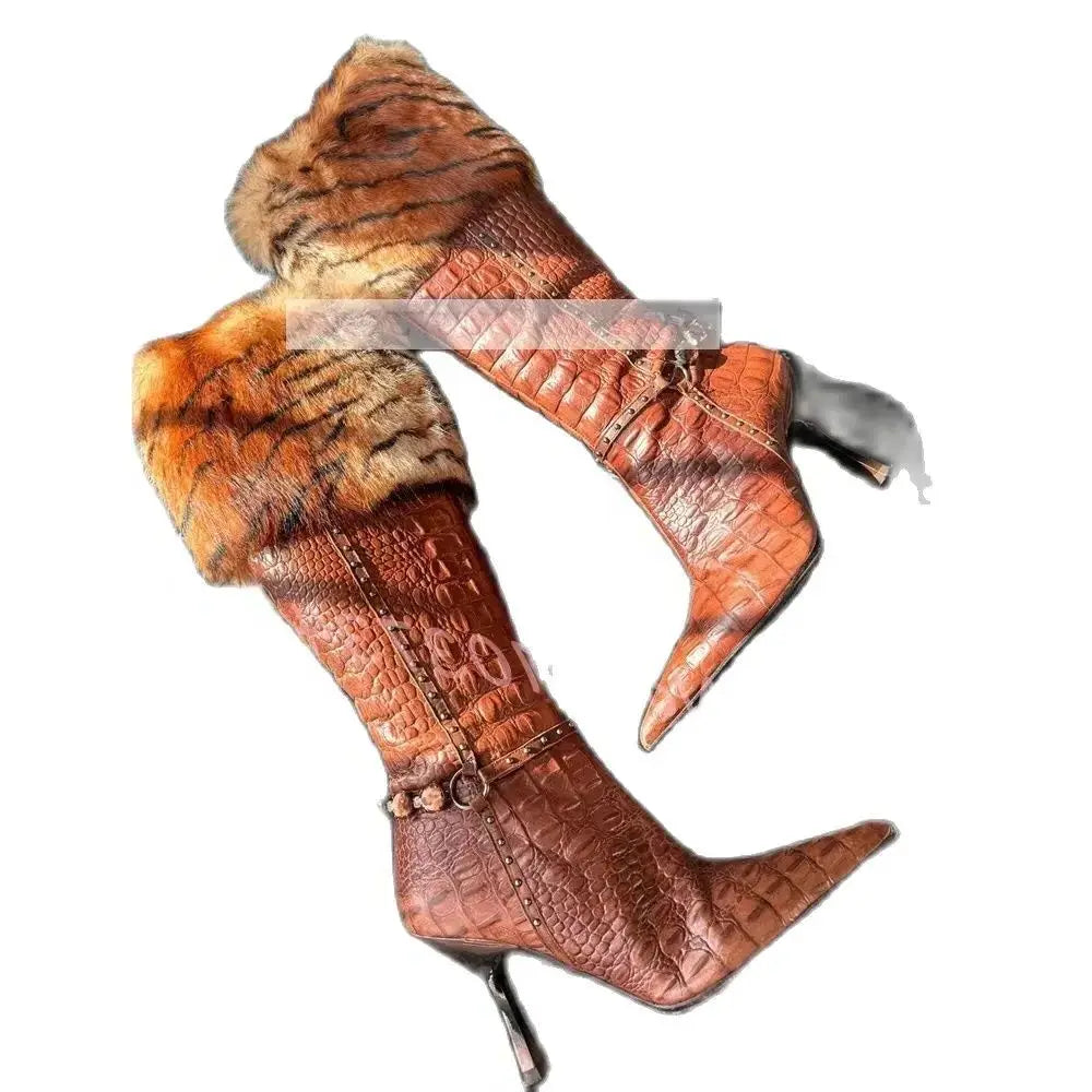 Crocodile Tiger Pattern Furry Retro Heeled Boots