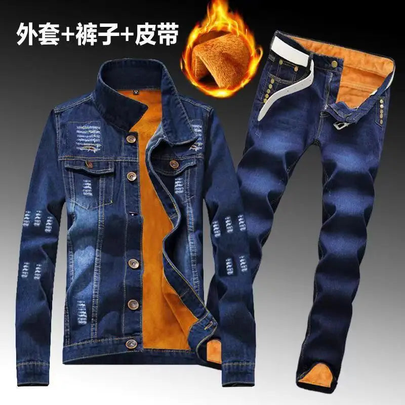 Winter Men Fleece Lining Thick Warm Denim Two Piece Set