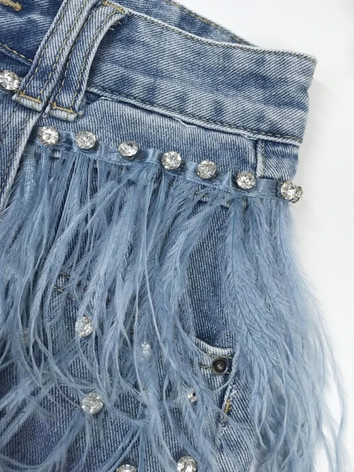 Rhinestone Beaded Feather High Waist Jeans Shorts