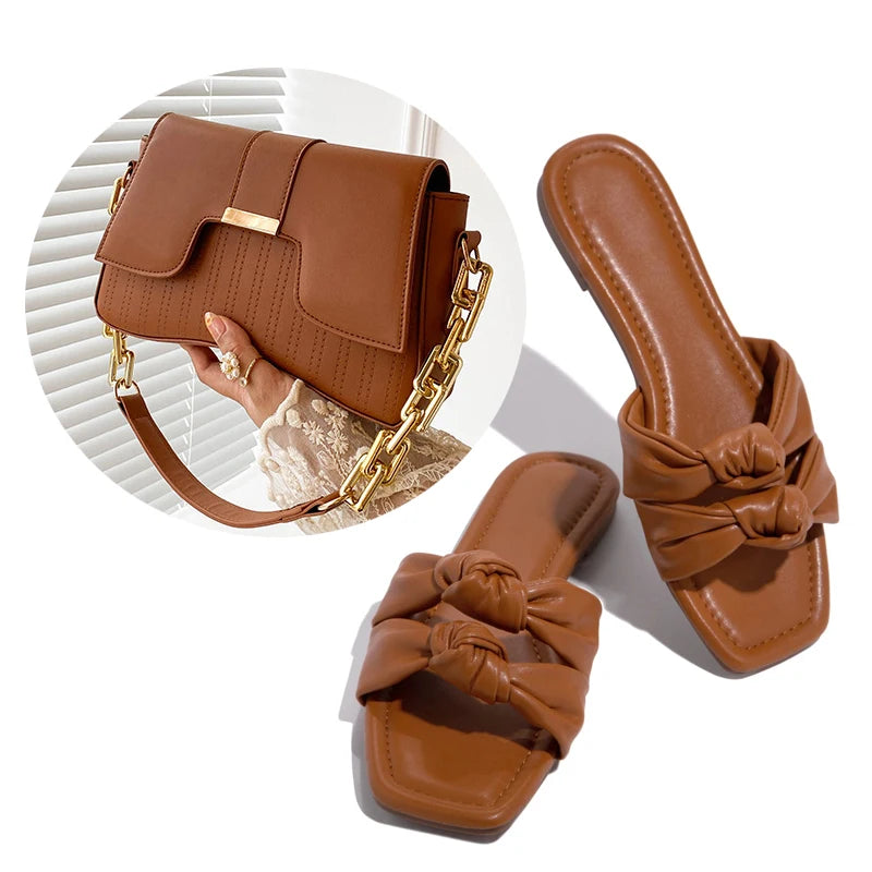 Womens Metal Chain Slippers Summer Flat-bottomed Non-slip