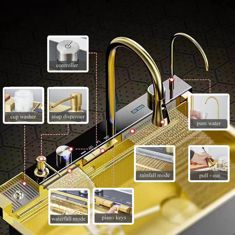 Multifunctional Kitchen Waterfall Sink Digital Display Stainless Steel