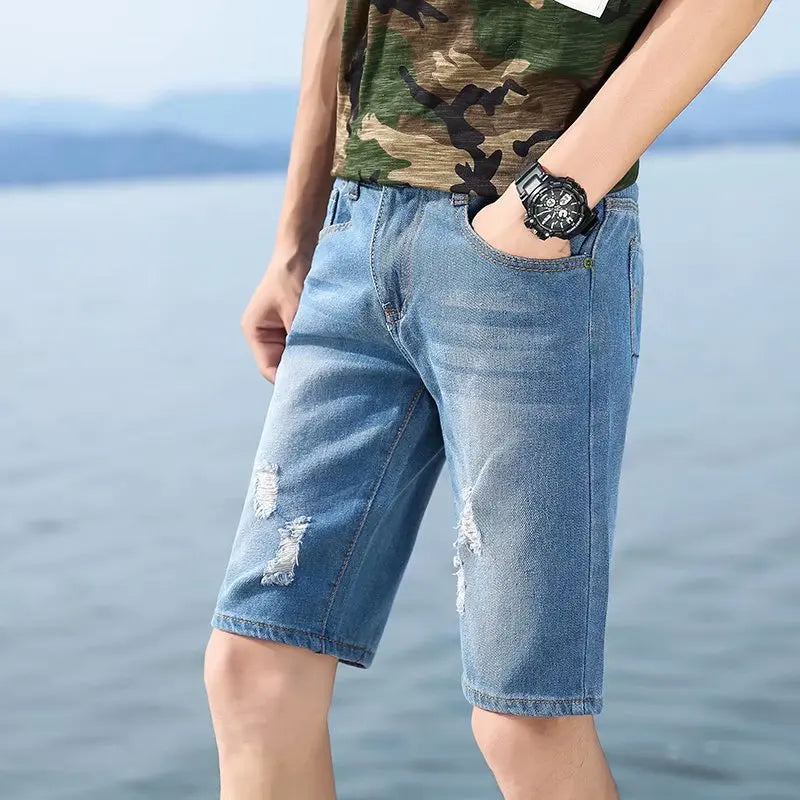 Perforated Denim Casual Straight Shorts