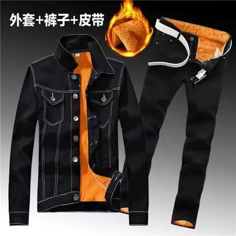 Winter Men Fleece Lining Thick Warm Denim Two Piece Set