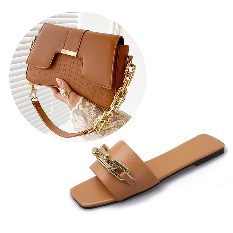 Womens Metal Chain Slippers Summer Flat-bottomed Non-slip