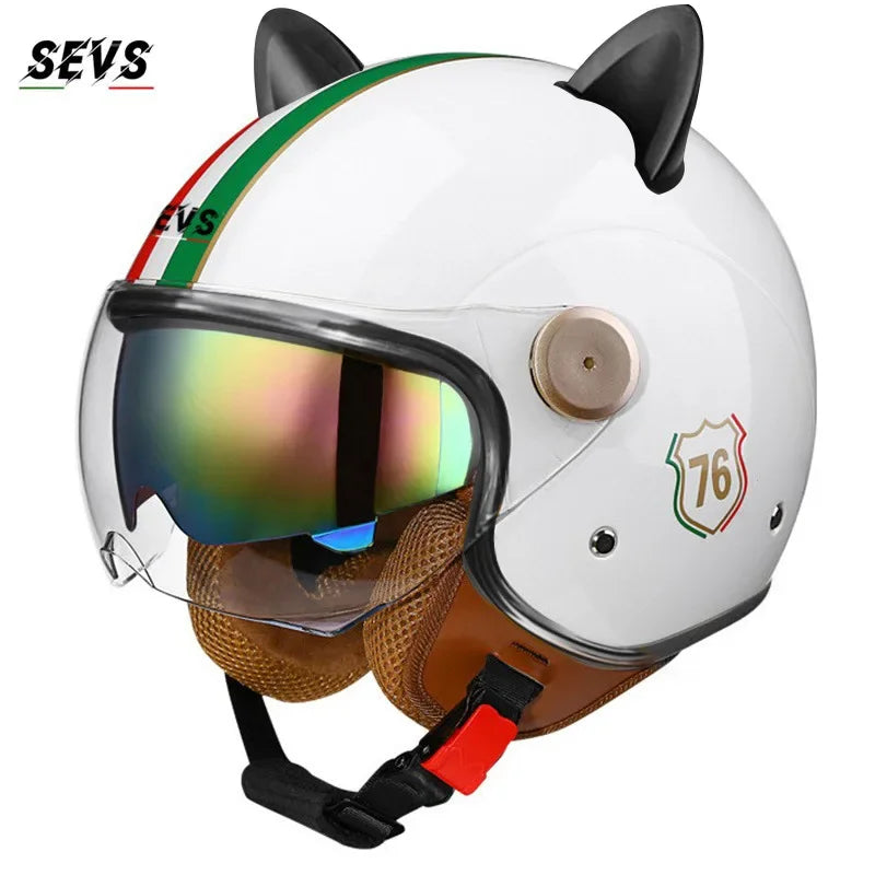 Vintage Cat Ear Motorcycle Helmet Retro Dual Visor