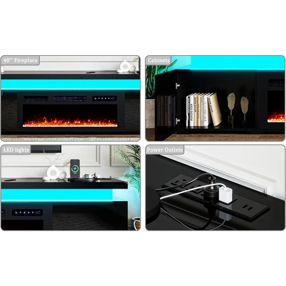 70.8’’ Fireplace TV Stand for 75 Inch TVs with LED Lights, High Gloss