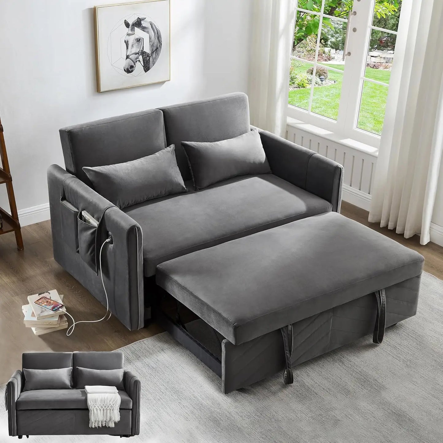 3 in 1 55" Modern Velvet Sleeper Sofa with 3 Level Adjustable Backrest