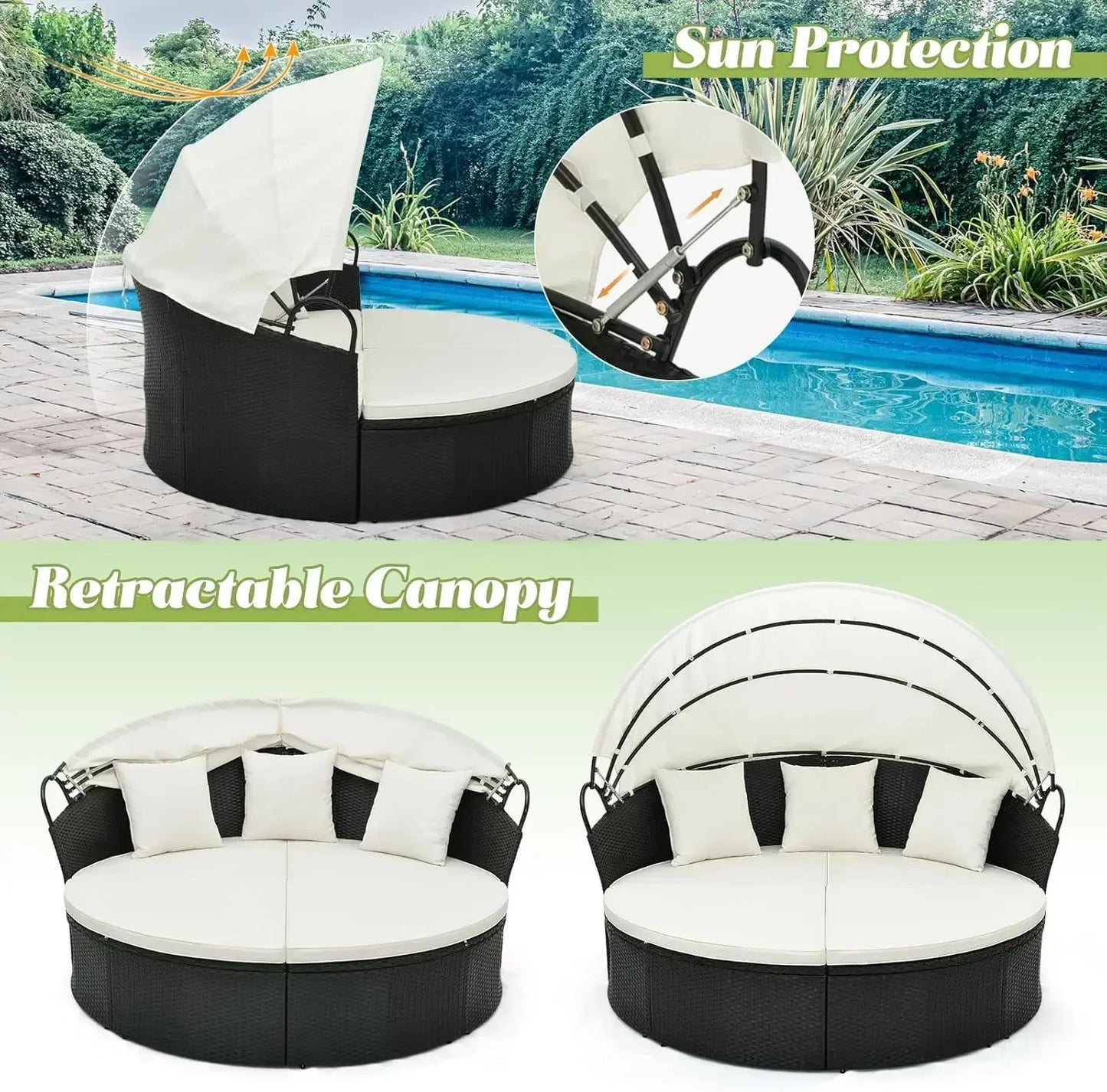 Outdoor Patio Round Daybed with Retractable Canopy