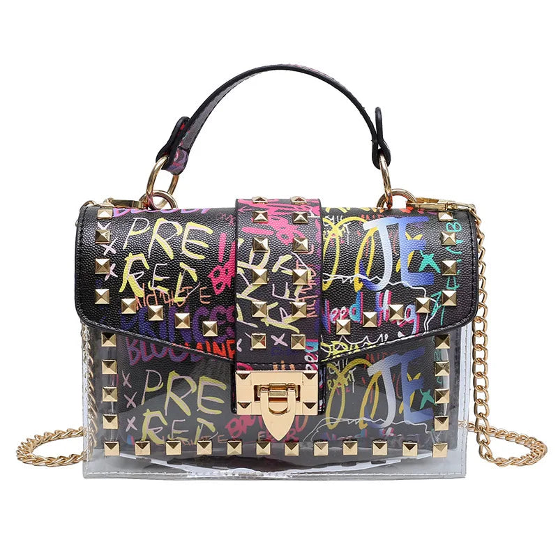 Womens Studded Graffiti Crossbody Bag