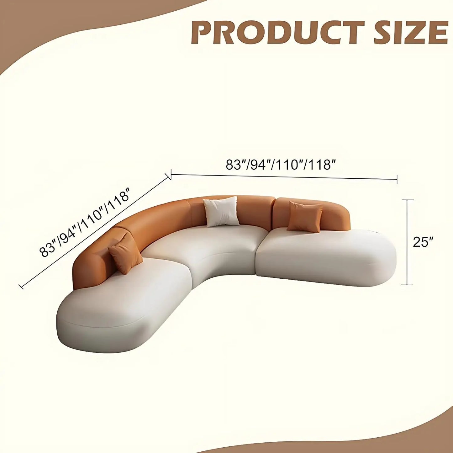 Curved Leather Corner Sofa Set with Solid Wood Frame
