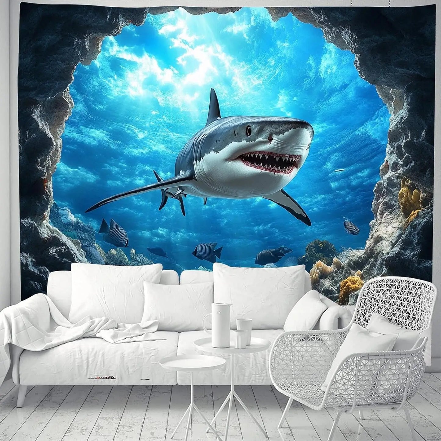 Blue Ocean Shark Tapestry Tropical Landscape Wall Hanging