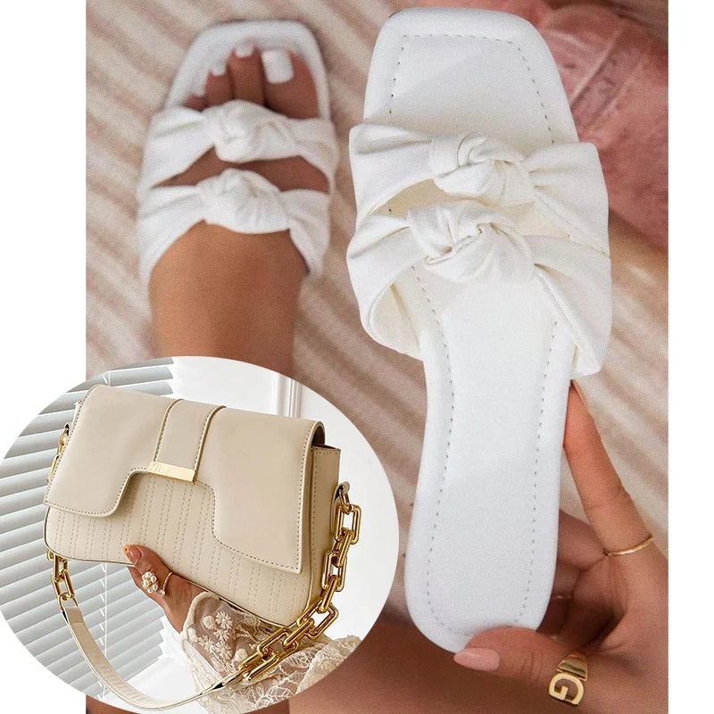 Womens Metal Chain Slippers Summer Flat-bottomed Non-slip