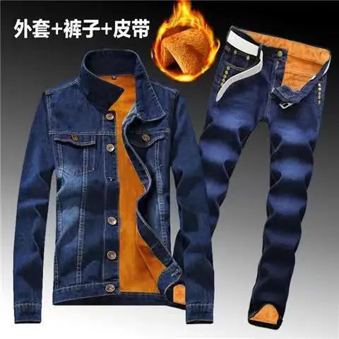 Winter Men Fleece Lining Thick Warm Denim Two Piece Set