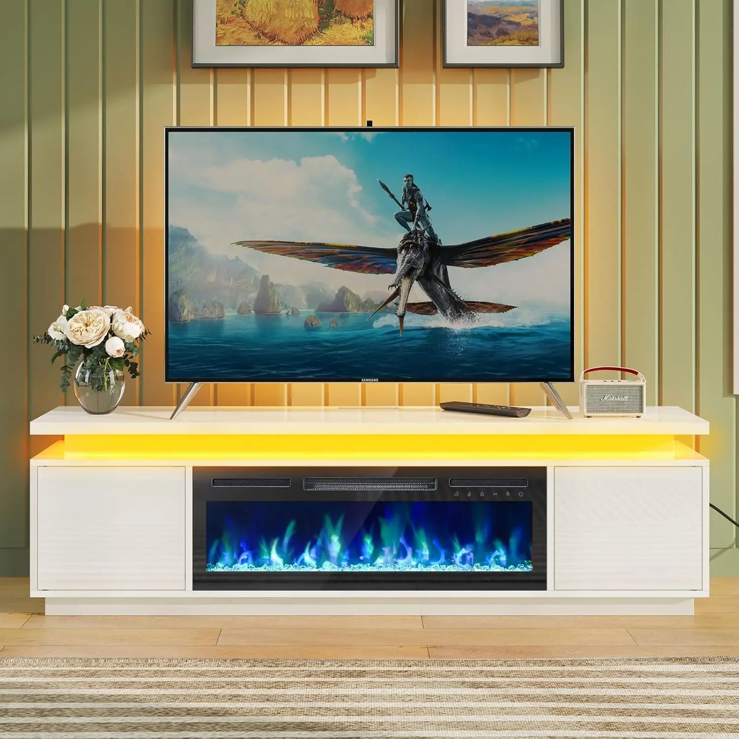TV Stand Led Lights and Power Outlets with Mount 30" Electric Fireplace, White