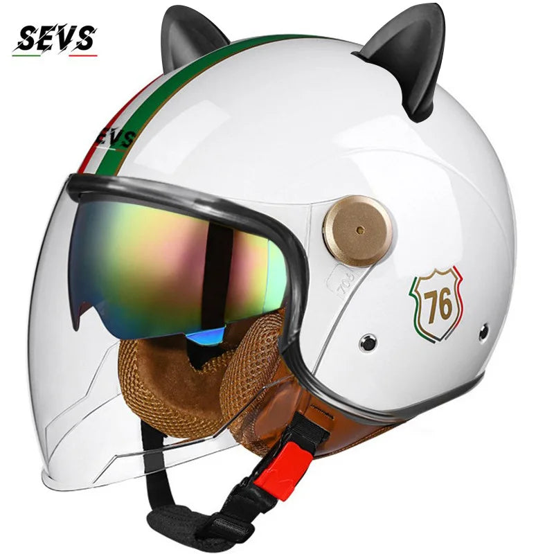 Vintage Cat Ear Motorcycle Helmet Retro Dual Visor