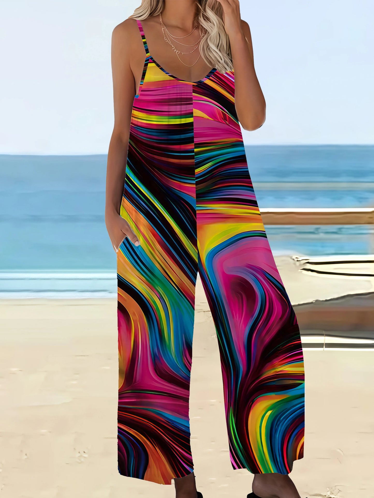 Boho Print Loose Fit Plus Size Jumpsuit with Pockets