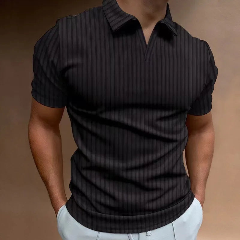 Solid Color Polo Shirt V-neck Striped Breathable