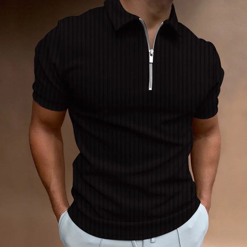 Men Casual Short Sleeve Stripe Zipper Polo Shirt