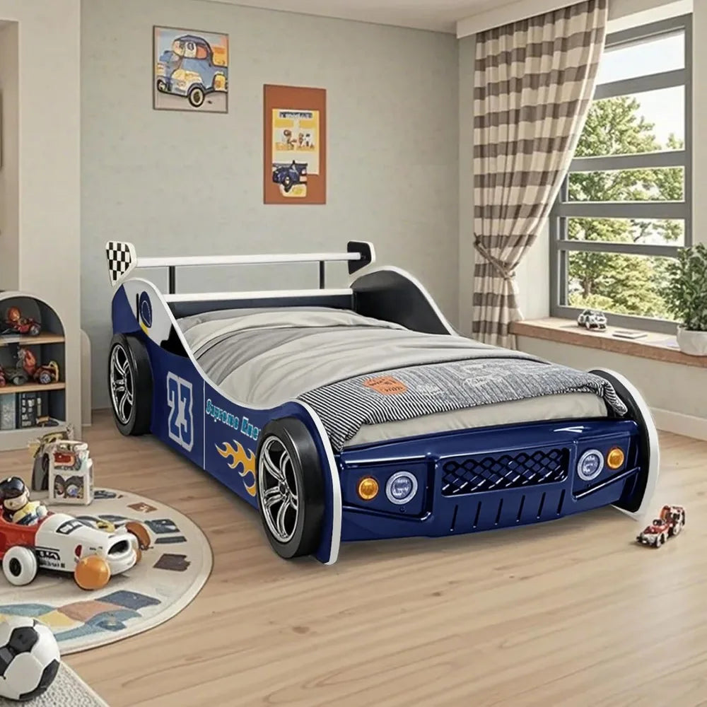 Twin Size Race Car Shaped Platform Bed Frame with Headboard Wheels