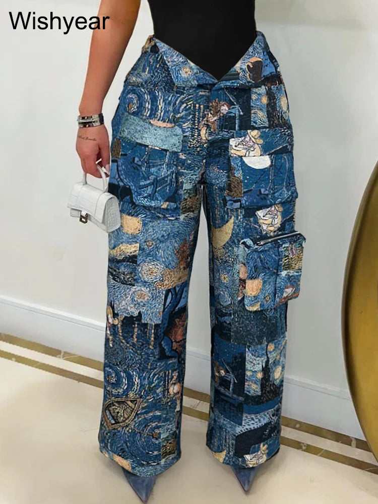 Printed Oil Painting Pattern Multi Pocket Cargo Pants