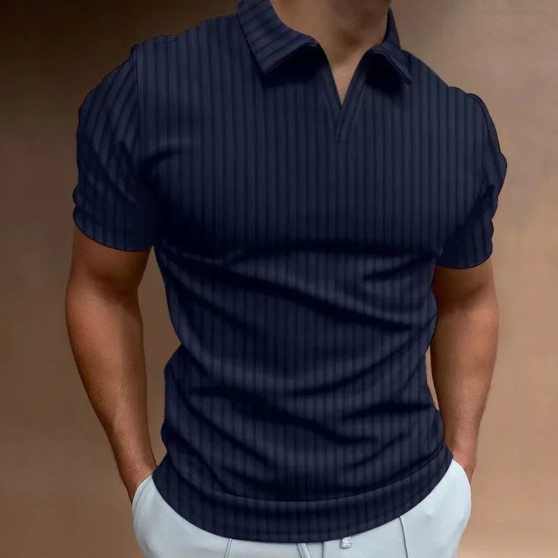 Solid Color Polo Shirt V-neck Striped Breathable