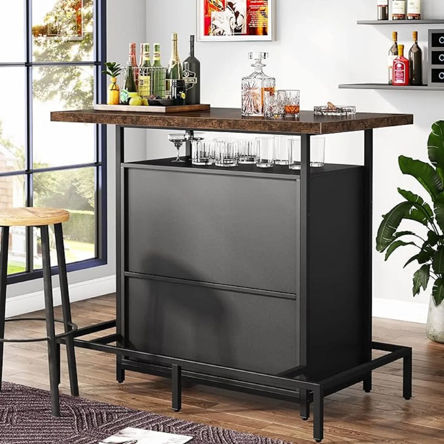 Tribesigns 3-Tier Liquor Bar Table with Stemware Rack and Wine Storage