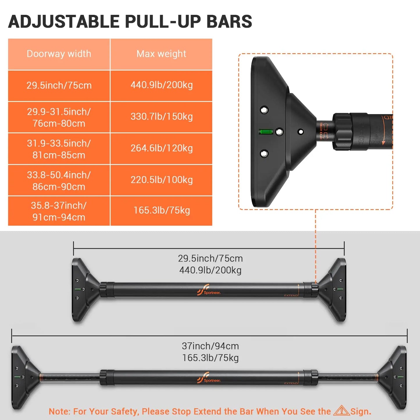 Indoor Home Pull Up Bar Adjustable Width Max 440lbs