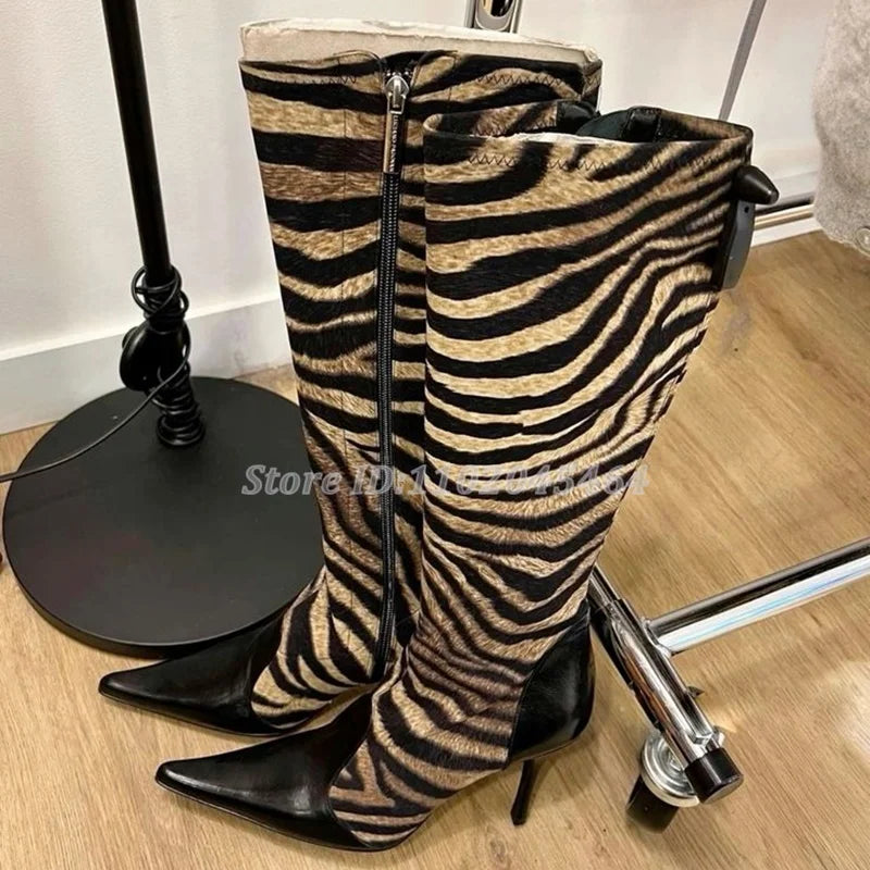 Zebra Print Horse Hair Knee High Boots Pointed Toe Leather