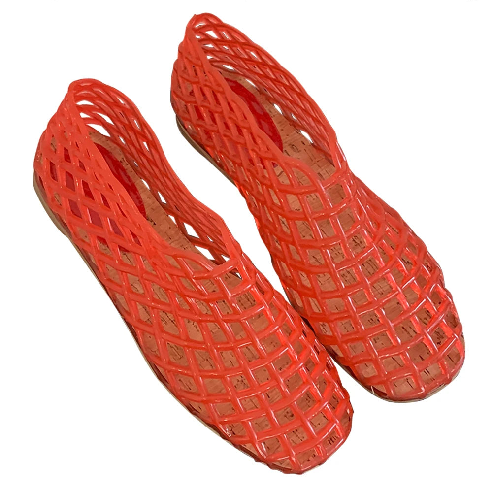 Womens Jelly Mesh Square Toe Hollow Out Ballet Flats