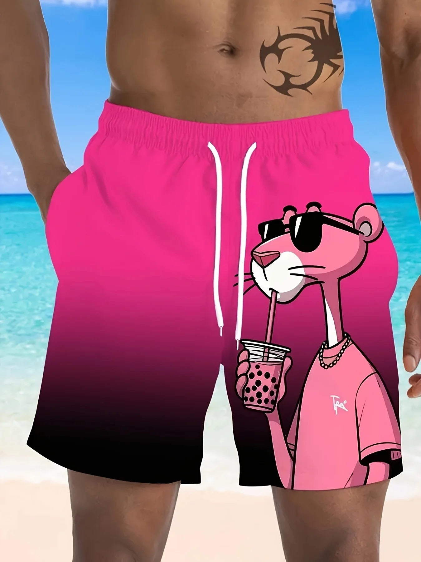 Men's Pink Panther Print Beach Shorts