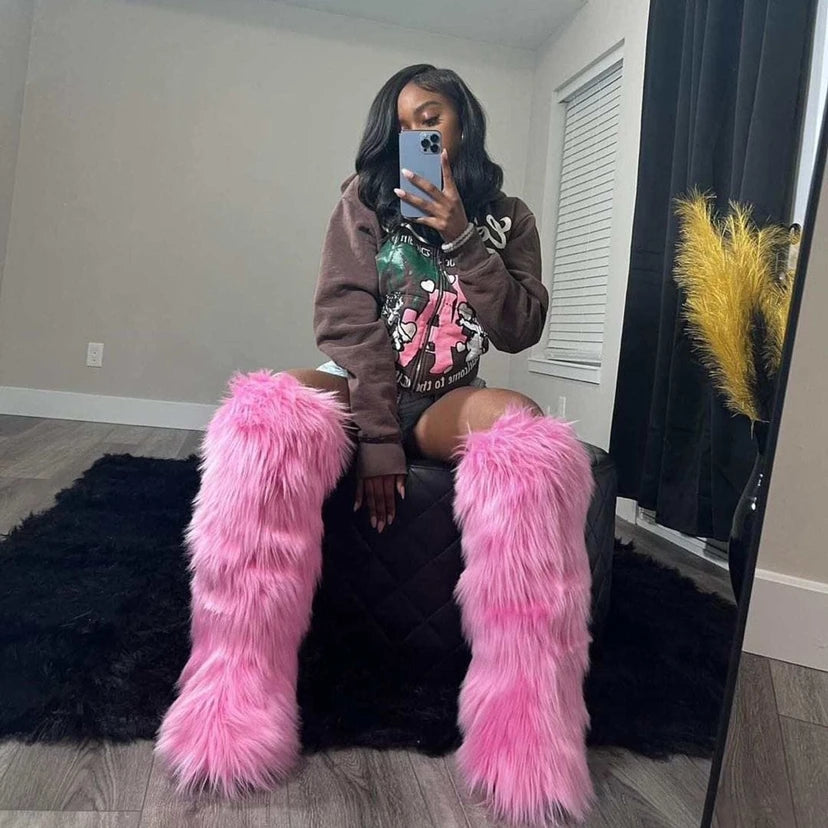 Winter Thigh High Fluffy Boots Furry Faux Fox Fur