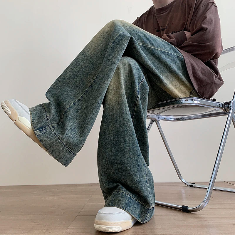 Distressed Vintage Blue Jeans Pants Men Wide-leg